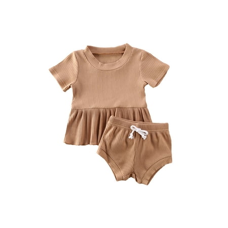 

Qiylii Baby Girls Solid Color Clothes Set Ruffle Hem Tops+Drawstring Shorts