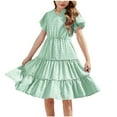 thumbnail image 2 of Spazoro Little and Big Girls Dresses, Round Neck Waist Cinched Solid Color Ruffle Sleeve Casual Dresses for Girls Green Size 4-5T, 2 of 9