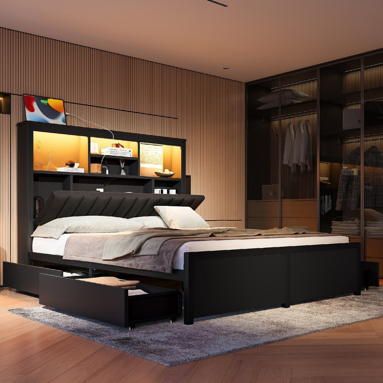 Queen Size Bed Frame with High Storage Headboard and Charging Station, All-Metal Support Bed Frame with LED light and  4 Storage Drawers for Bedroom, Apartment, Mattress not included, Black