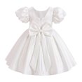 thumbnail image 2 of IBTOM CASTLE Toddler Girls Satin Short Puff Sleeve Flower Girl Dress Baby Girl Birthday Party Ruffle Formal Bowknot Wedding Guest Dress 2-3T White, 2 of 7