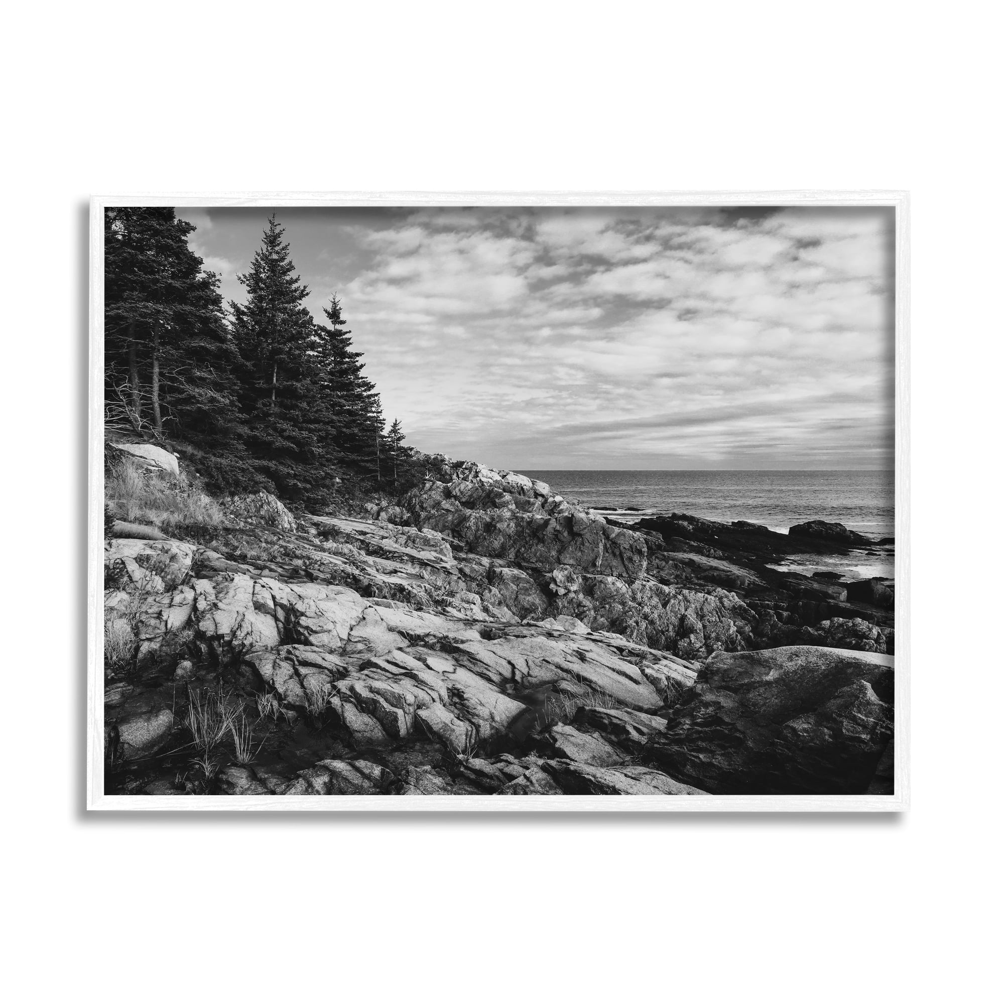 Stupell Industries Rocky Ocean Water Cloudy Coast Monochrome Nature Framed Wall Art, 30 x 24, Design by Daniel Sproul