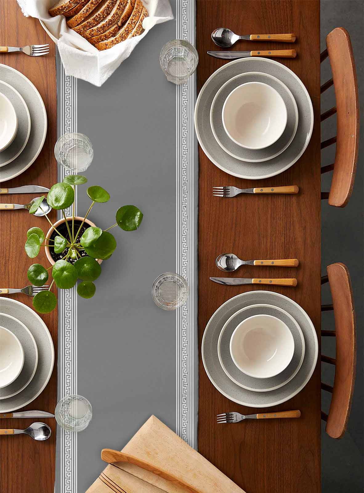 Grey White Geometric Burlap Cotton Table Runner 13x90 Inches Long, Country Greece Key Art Farmhouse Table Runners, Outdoor Dining Tablecloths Decor for Baby Shower/Party/Wedding