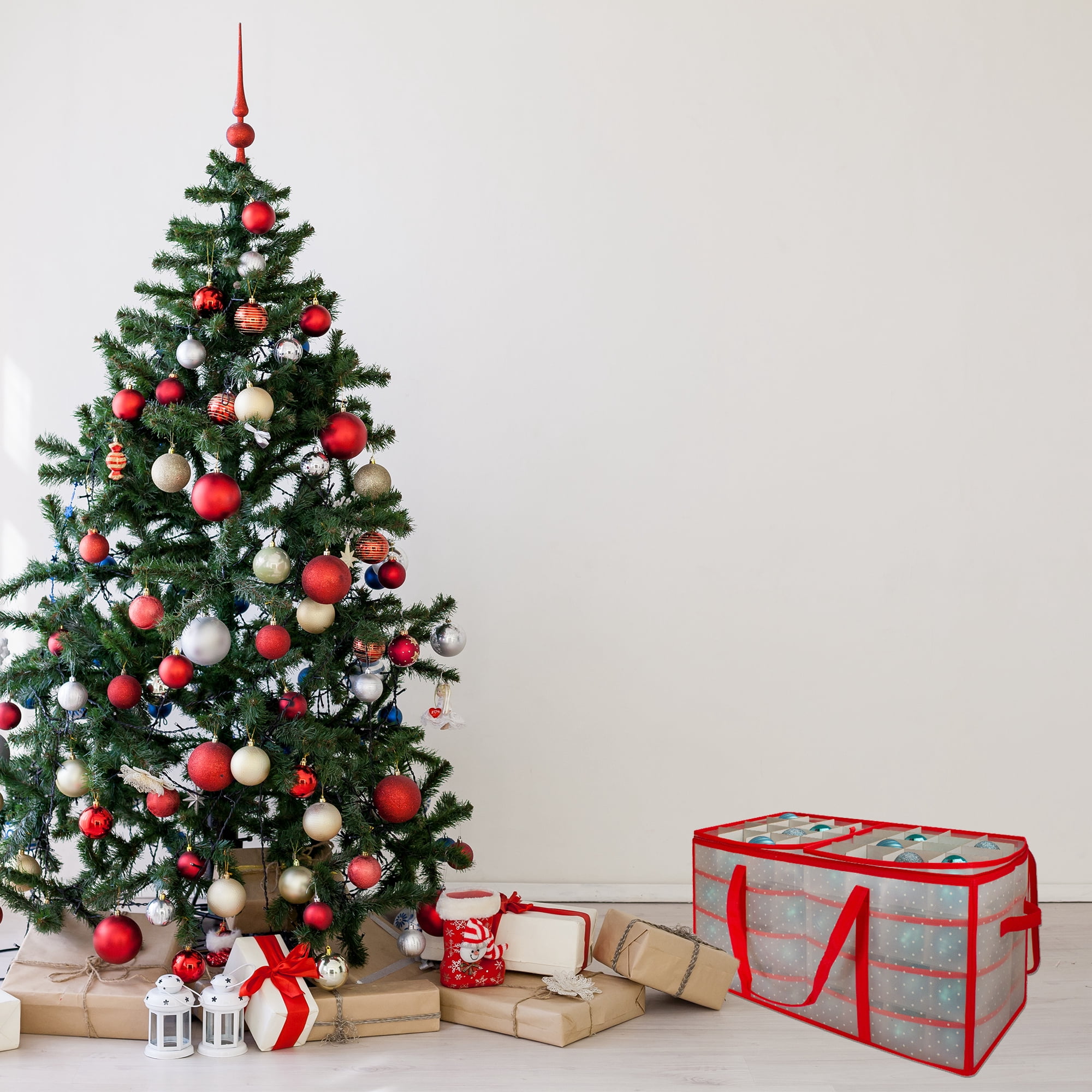 Northlight Transparent Zip Up Christmas Storage Box - 26.25" - Holds 128 Ornaments - Red and Clear
