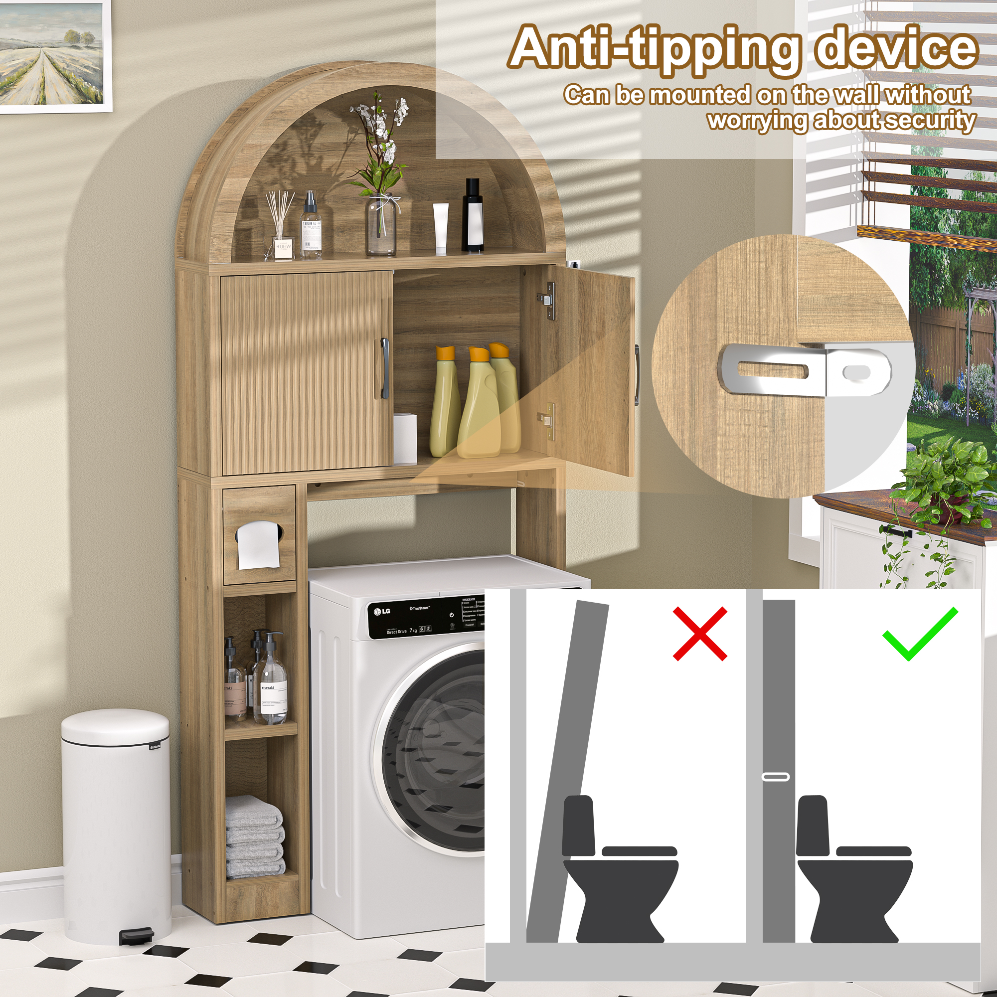 HARIPUL Over The Toilet Storage Cabinet w/ Unique Wood Grain & Arc Design, Freestanding Bathroom Shelf Organizer Space Saver w/ Doors & Anti-Tip Device, Wood Color