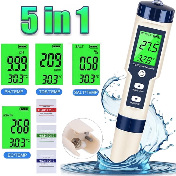 5-in-1 Digital Water Quality Tester – PH/TDS/EC/Salinity/Temperature Meter, US Plug Digital PH Meter Pool Salt Tester for Water Temp Meter ATC Household, Hydrophonic, Precision Algorithm Chip