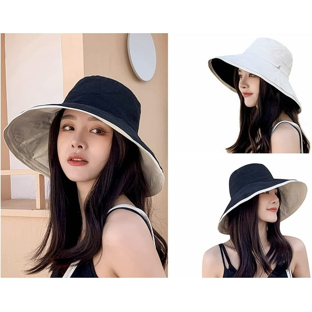 Women's Sun Hat Cotton Bucket Hat Fashion Summer Beach Wide Brim Hat Travel  Packable Reversible Double-Side-Wear Cap(Black)