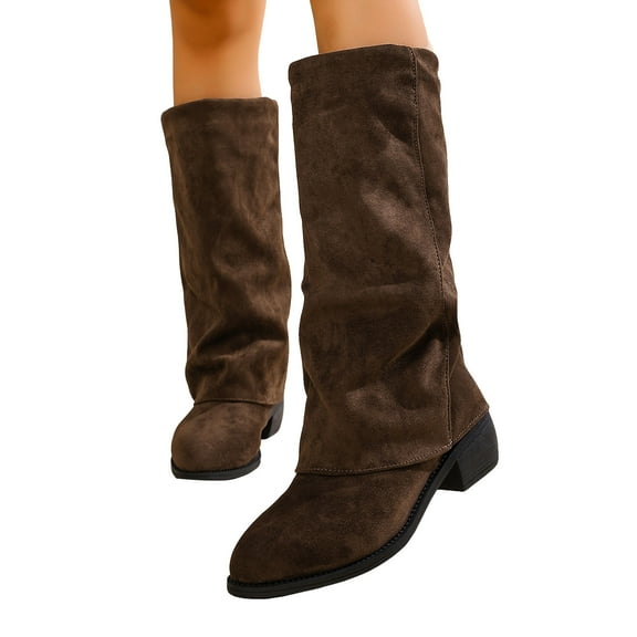 Fold Over Knee High Boots Women Suede Pointed Toe Chunky Heel Pull on Mid Calf Booties Fall Winter Dressy Over the Knee Boots