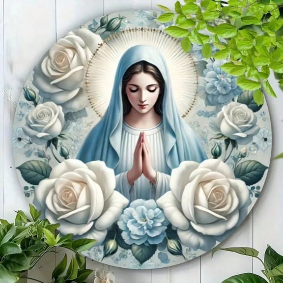 HELLOYOUNG Vintage Metal Virgin Mary Prayer Plate, Religious Ornate Floral Wall Decor for Catholic Garden Home Altar