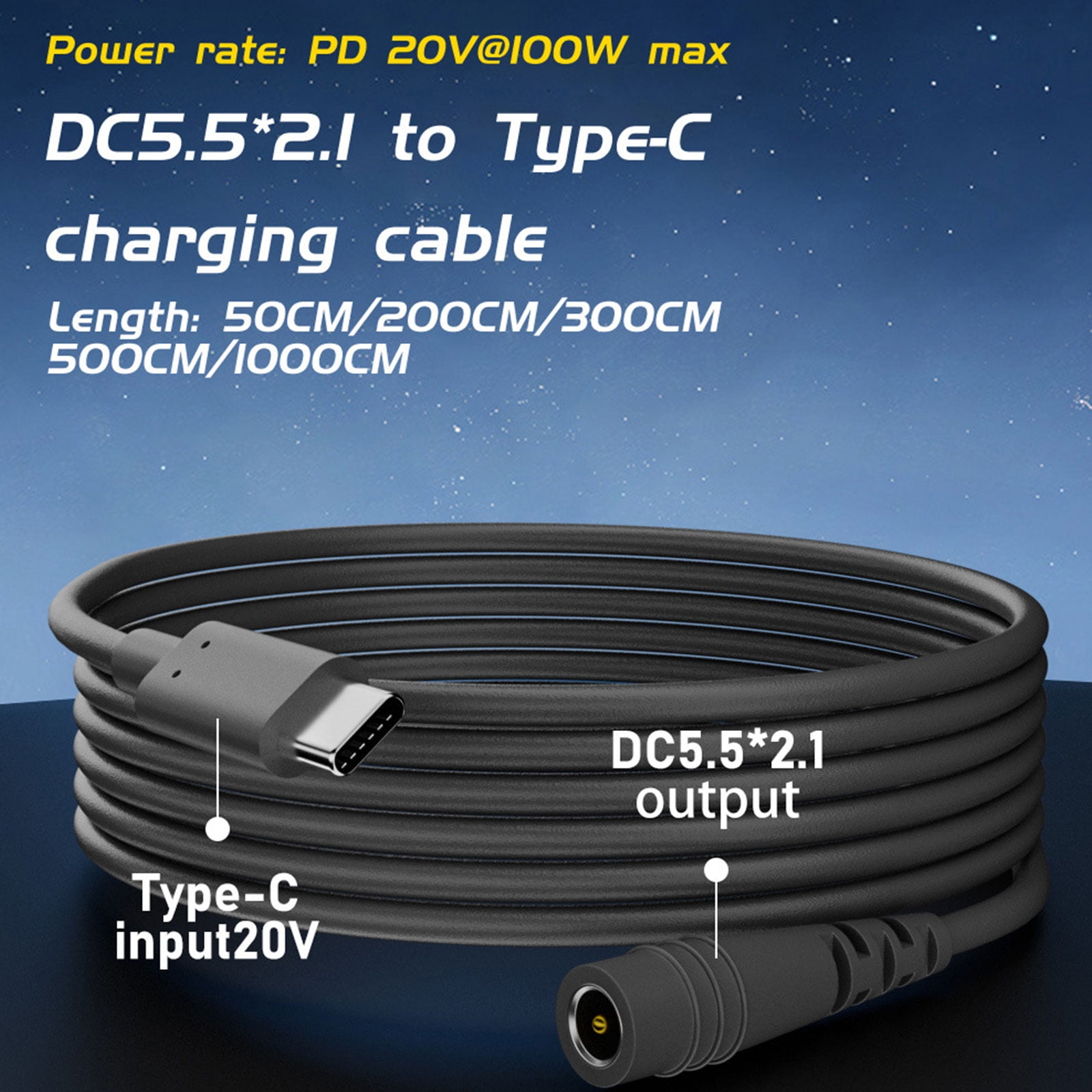 USB Type C to DC5.5x2.1mm 5521 Power Extension Cable with PD100W Sensoring Enhances Compatibility Waterproof