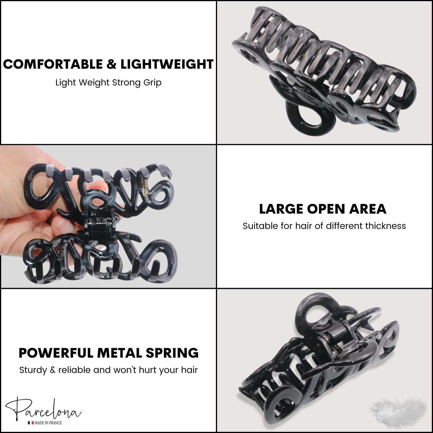 Parcelona French Love Medium 3" Shell and Black Celluloid Hair Claw Clips(2 Pcs)