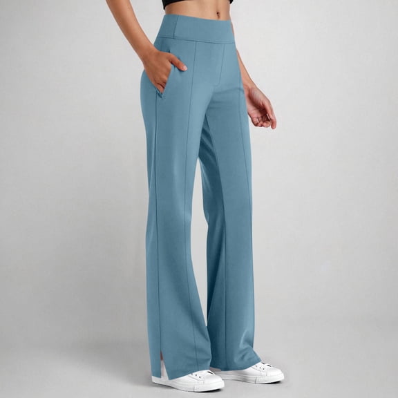 Womens Pants Elastic Waist Sport Casual Solid Color Button Pockect Yoga Pants Light Blue M