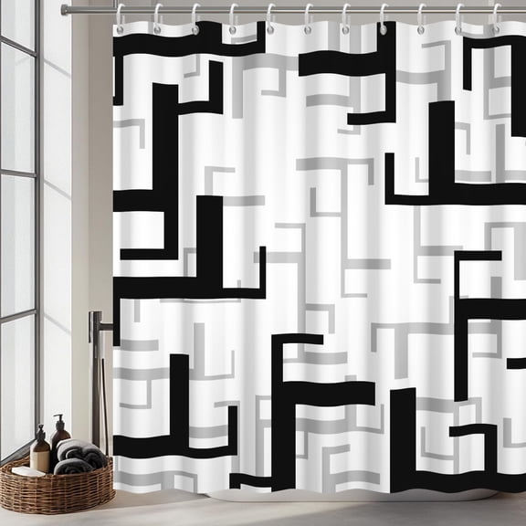 Pbobriich Black and White Geometric Shower Curtain,Modern Abstract Gray Minimalist Bathroom Curtain with Hooks,72x72 Inches