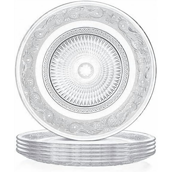 6 Pack 10 Inch Large Glass Dinner Plate, Clear Round Serving Plate Vintage Embossed Dinnerware for Salad, Pasta, Fruits$$