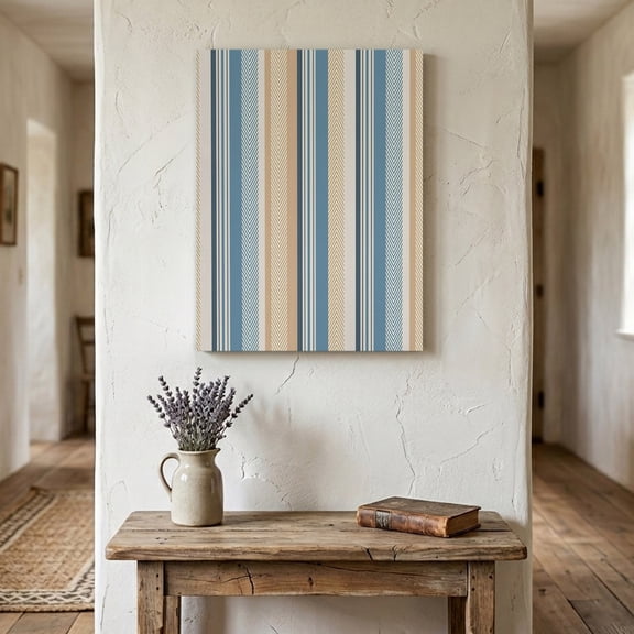 Ships Next Day Canvas Wall Art 16"x24", Blue Brown Beige Wood Framed Canvas Print Painting, Boho Farmhouse Abstract Stripes Art Ready to Hang Picture Wall Decor for Home Bedroom Living Room Dining