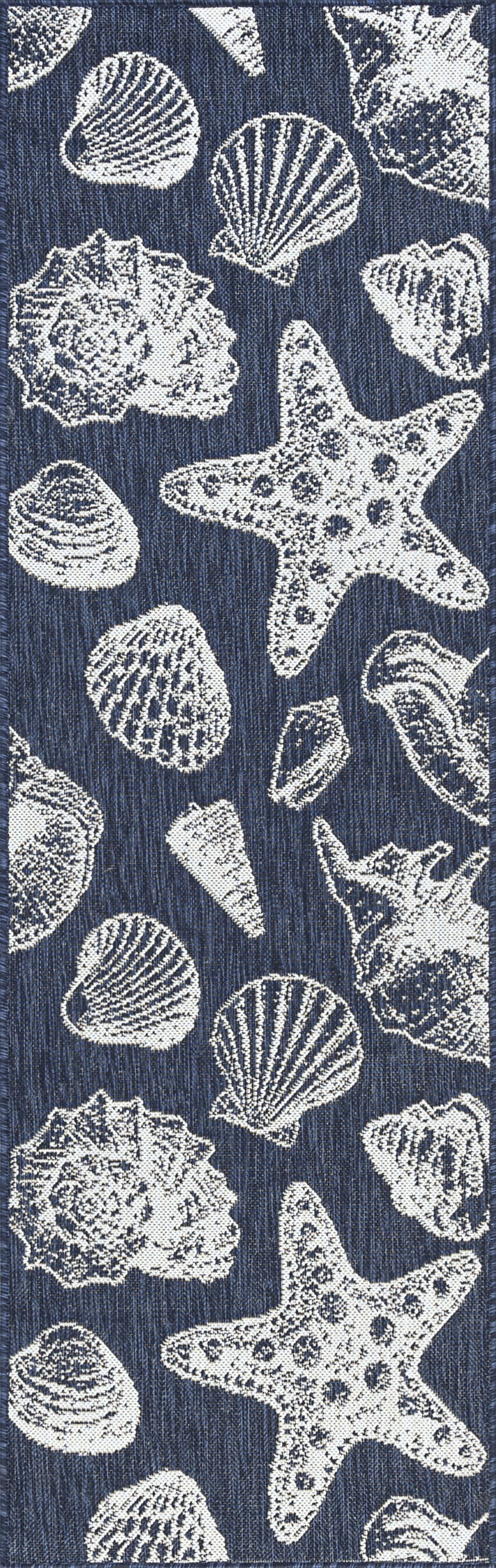 Bliss Rugs Coastal Indoor Outdoor Rug Water Resistant Runner Rug for Patio, Hallway, Entryway, Deck, Navy ,2' x 8'