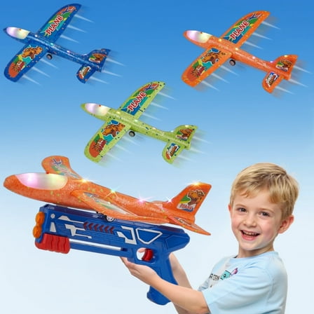 Petbank Airplane Launcher Toys, 3 Pack Flying Airplane Toys with Launcher, LED Light Foam Flying Glider Plane with Sticker, Outdoor Plane Toys for Boy Girl 3 