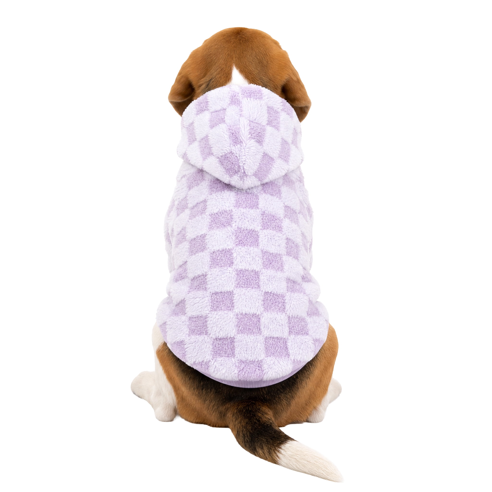 Oodles Checkerboard Fall Sherpa Dog Hoodie, Purple, Medium