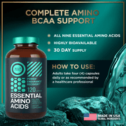 Essential Amino Acids Supplement - All 9 EAAs with BCAAs Amino Acids (Leucine, Lysine, Valine, Threonine) - 3,000mg Per Serving - Muscle Growth, Power, Recovery - 120 Vegan, Caffeine Free Capsules
