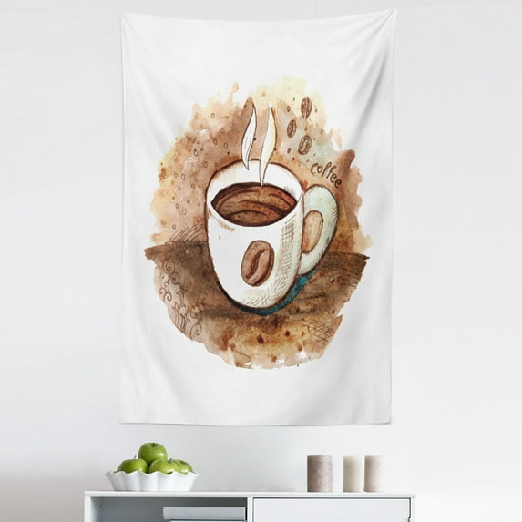 Tea Tapestry, Hot Freshly Brewed Espresso Cup Cappuccino Latte Drinking Sketch Cafe Theme, Fabric Wall Hanging Decor for Bedroom Living Room Dorm, 5 Sizes, Pale Caramel White, by Ambesonne