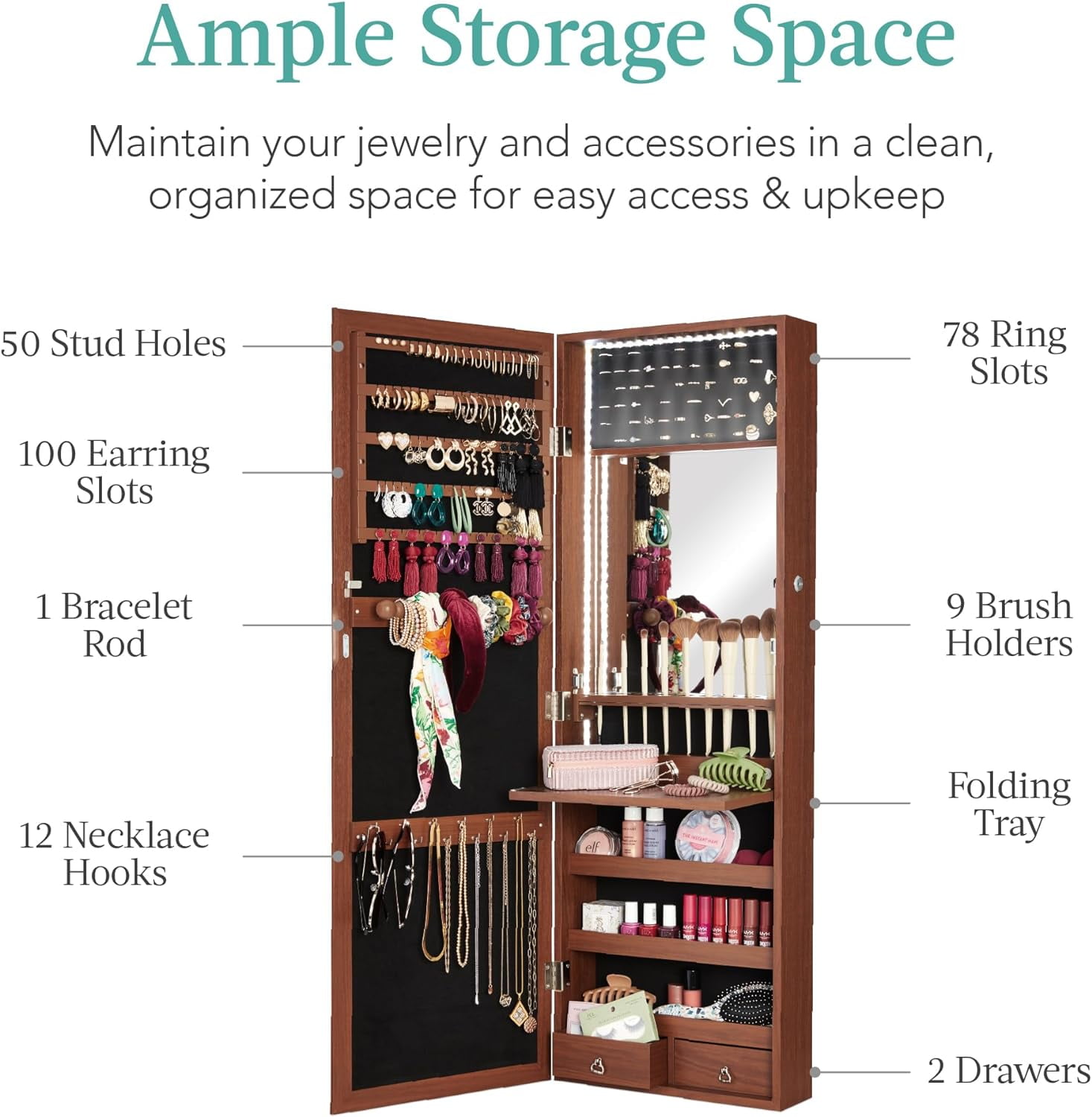 HJTER LED Mirror Jewelry Cabinet, Tall Lockable Wall or Door Mounted Jewelry Armoire Organizer with Mirror, 2 Drawers, Lock, Cosmetic Tray, Shelves - Walnut