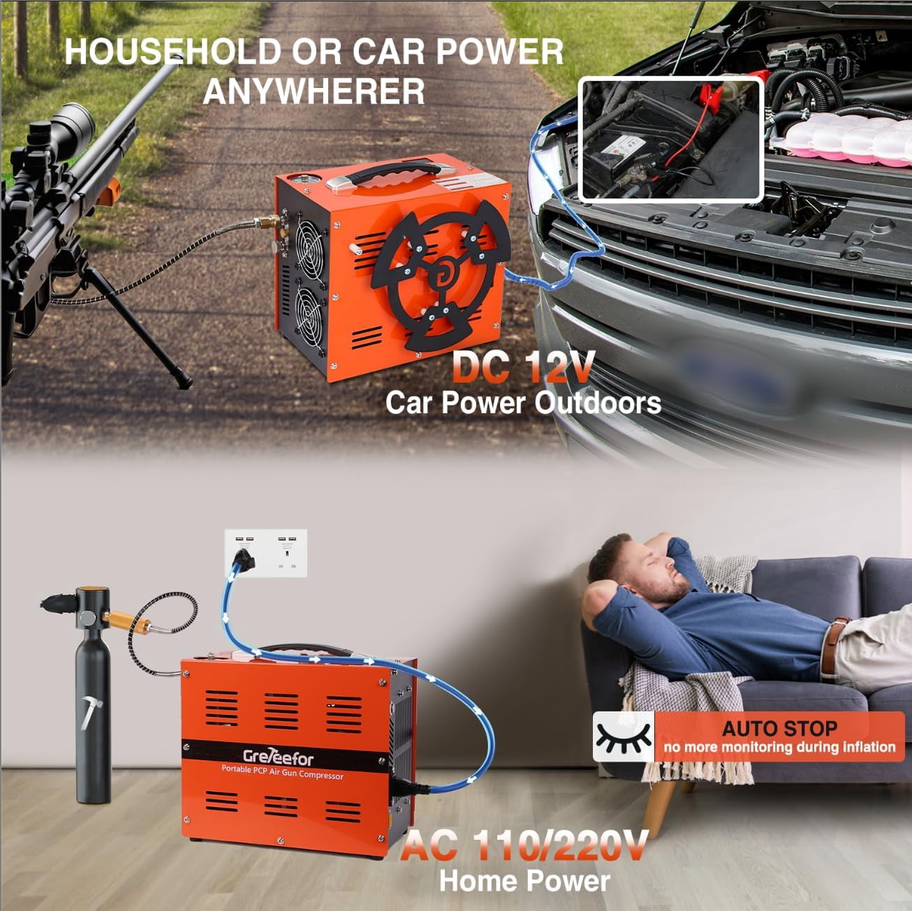 Portable PCP Air Compressor, 4500 PSI/30 MPa Oil-Free Air Pump, 12V DC & 110/220V AC Dual Power for Air Rifles, Airguns & HPA Tanks