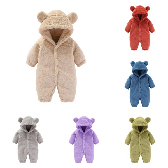 XAOFW Baby Girls Boys Romper long sleeve solid color Cartoon Ear Footed hooded zip front Jumpsuit Winter fuzzy bodysuit Snowsuit versatile One-Pieces 0-3 Months