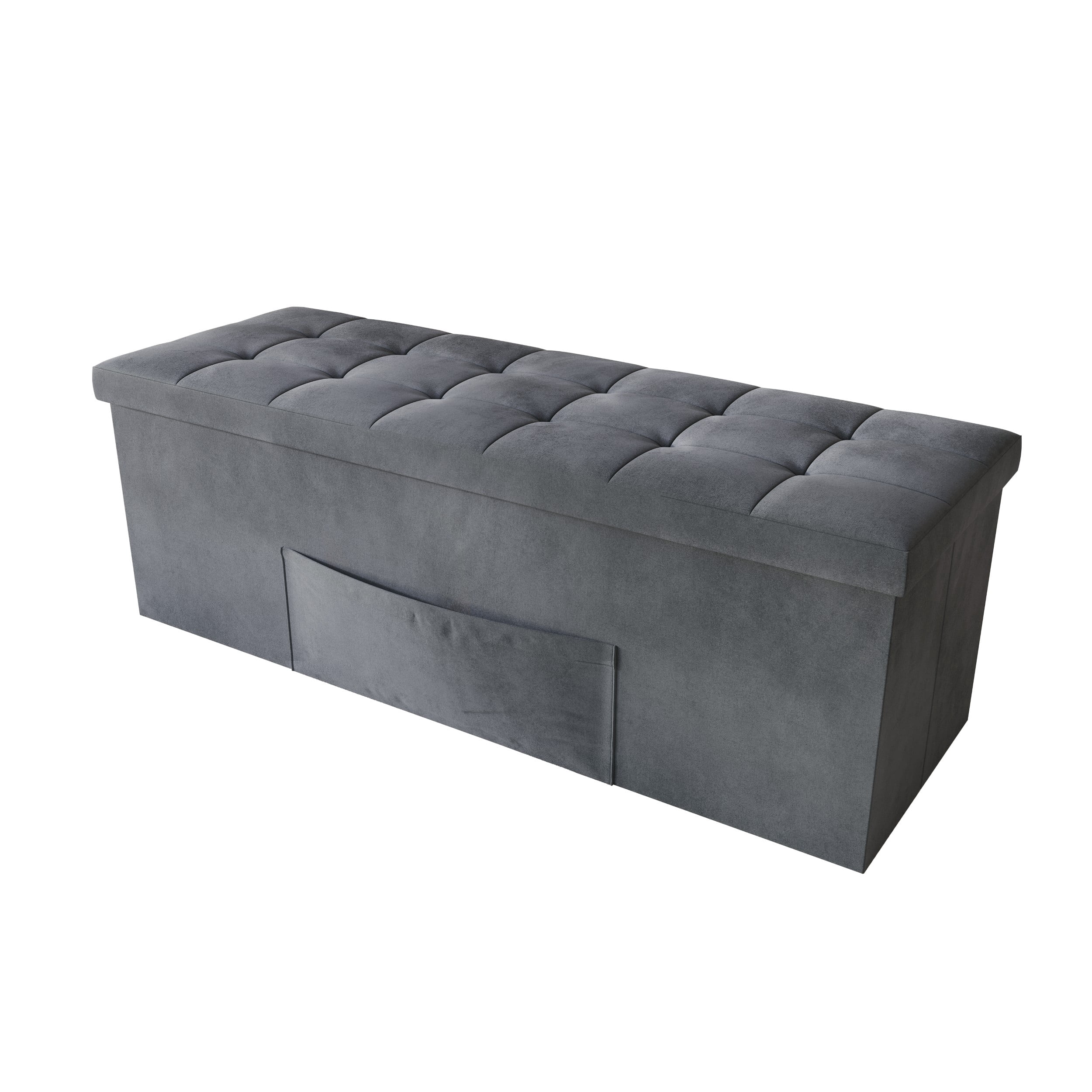 Home Design Chico 42" Tufted Upholstered Folding Storage Bench with Deep Cushion and Front Pocket, Multi-Purpose Rectangular Design for Bedroom, Entryway, or Living Room, Dark Gray