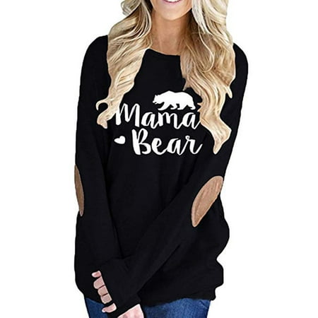 Women's Long Sleeve Crew Neck Mama Bear Elbow Patch T Shirt Top