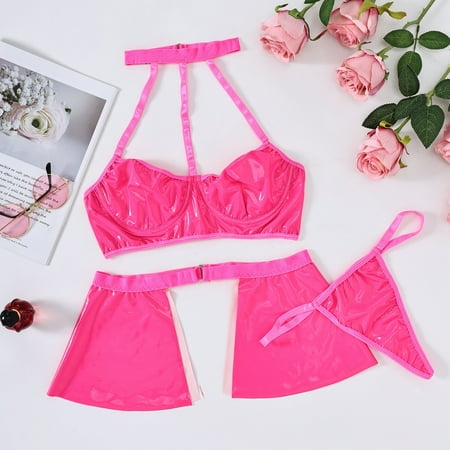 Generic Fashion Women s Wear Hot Girl Lace Halter Pink PU Leather Hollow Sexy Lingerie Suit 27616