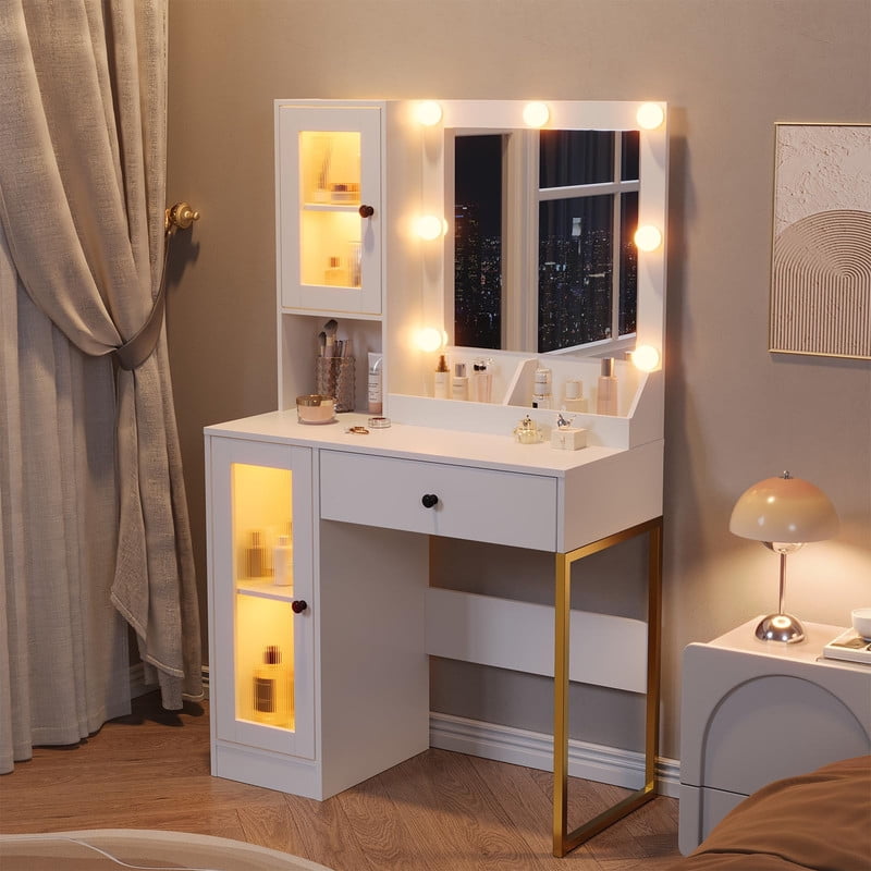 TROPOW Vanity Desk with Mirror and Lights Elegant Makeup Vanity Table with Drawers & Cabinets, Storage, Sturdy MDF Top, Adjustable Brightness Bulbs, Built-in Power Outlet & USB Ports,White