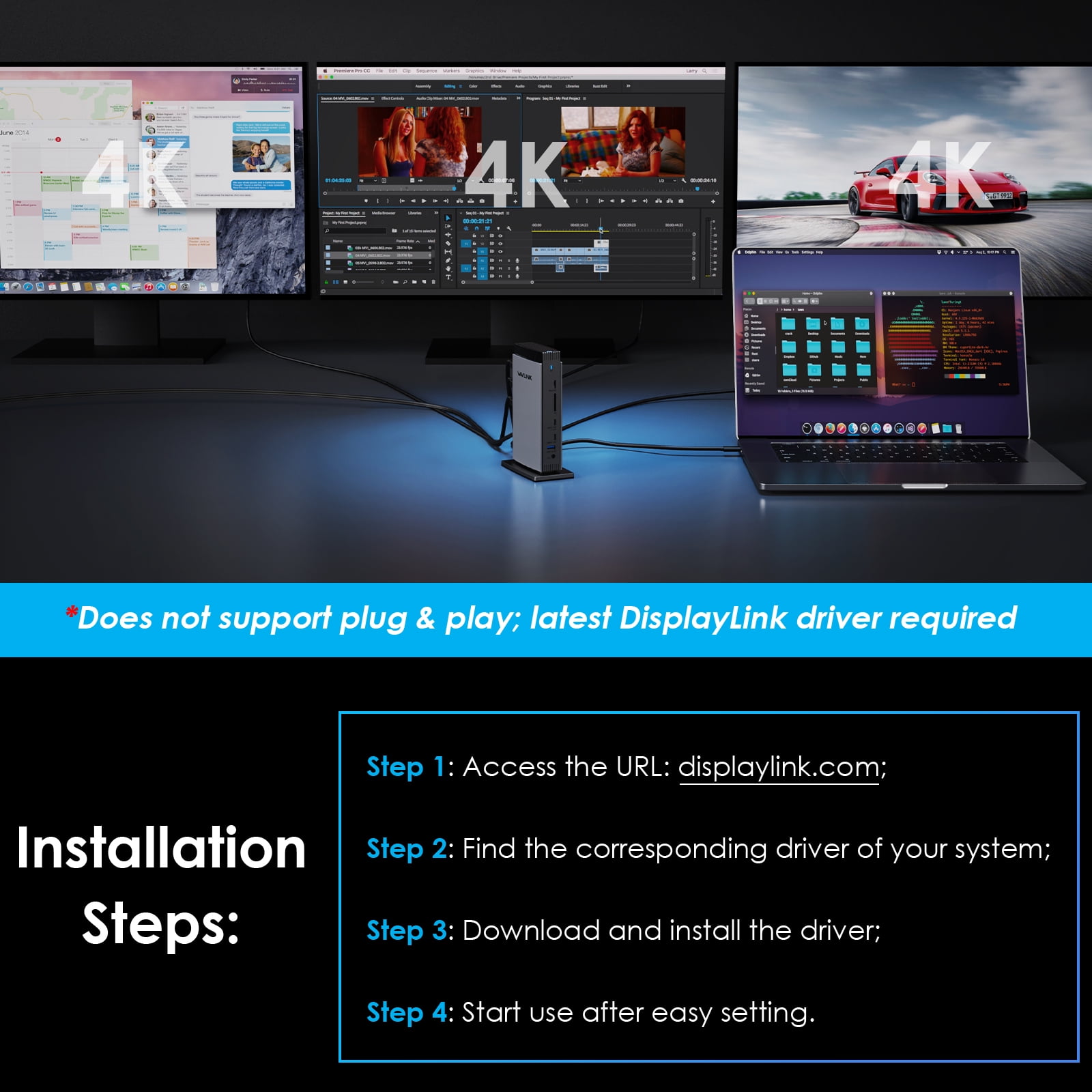 WAVLINK Universal DisplayLink Docking Station, Triple 4K USB C USB 3.0 Laptop Dock for M1 M2 M3 Mac and Windows, 15 In 1 with 3 HDMI, 2 DP, RJ45, Audio/Mic, SD/TF, 5 USB Ports, Does Not Charge