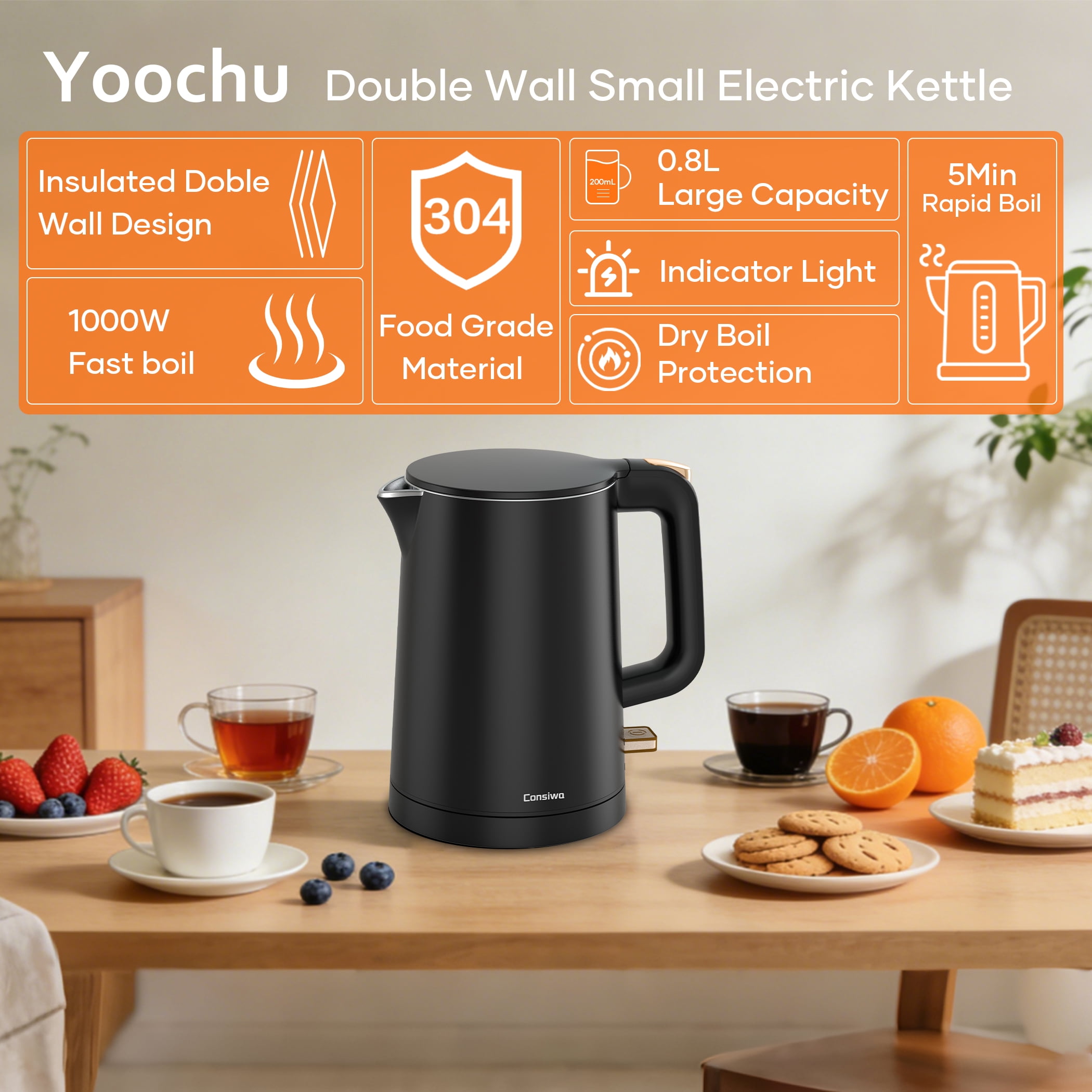 Small Electric Kettle, 0.8L Water Boiler & Heater, 1000W Hot Tea Pot, Double Wall Stainless Steel Cool Touch, Mini Coffee Kettle with Auto Shut Off & Boil Dry Protection, BPA-Free, Black