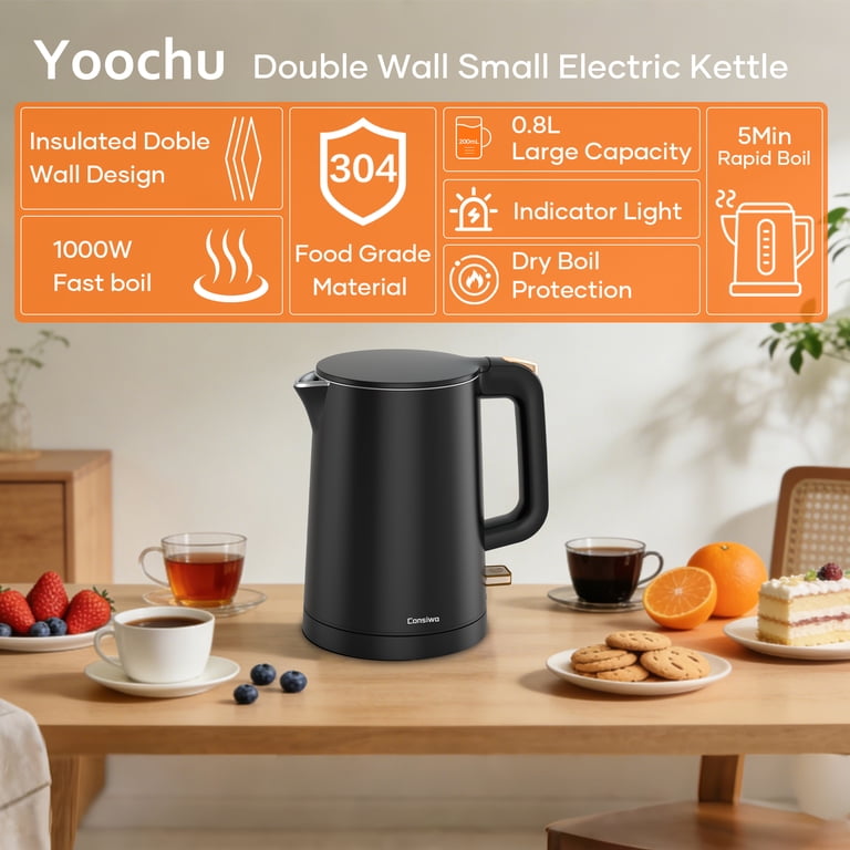 Consiwa 0.8L Electric Kettle, 1000W Stainless Steel photo 5