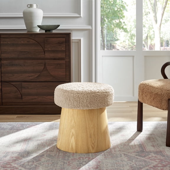 Ketra Round Faux Shearling Ottoman Footstool in Oatmeal Oak