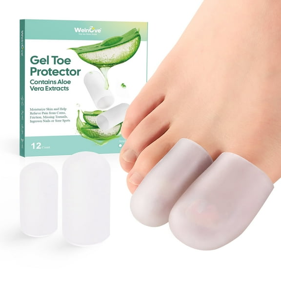Welnove 12 Pcs Gel Toe Protector -Big Toe Cap - Relief for Missing or Ingrown Toenails, Corns, Calluses, Blisters, Hammer Toes, Reduce Friction, Protect Big Toe (4L   8M, Clear)