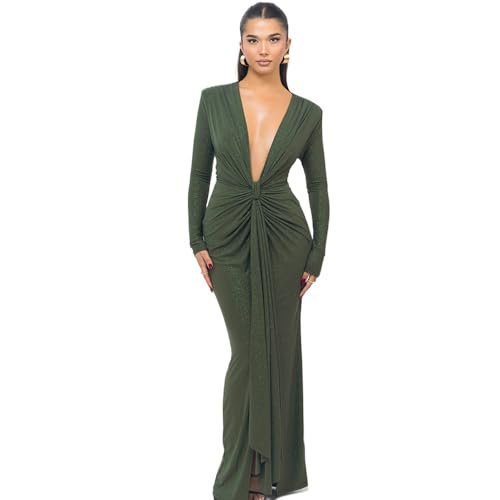 Vestido largo UEHCNFU para mujer, cuello en V profundo, ajustado fruncido, verde