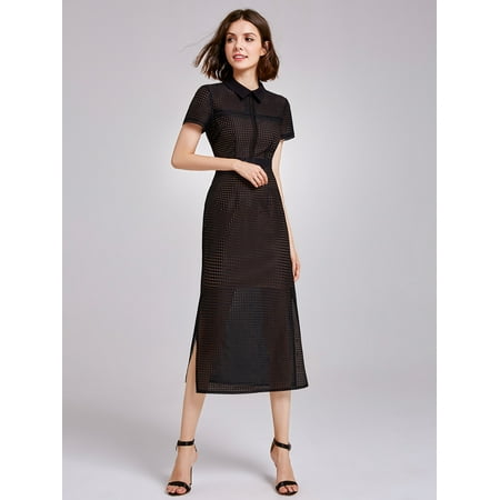 Alisa Pan Women's Elegant Tea Length Sheer Mesh Wear to Work Summer Business Shirt Midi Dresses for Women 07169 Black US (Best Dresses To Wear To A Wedding)