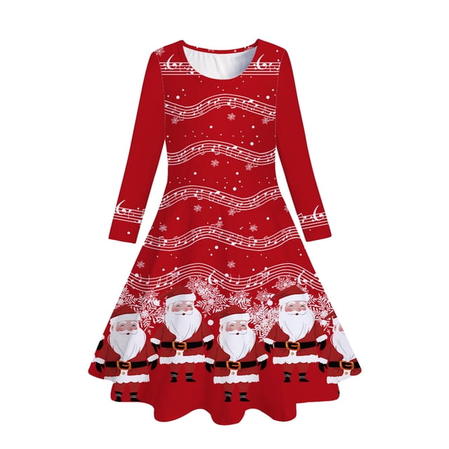 WEAIXIMIUNG Robes pour Filles 2T Enfants Tout-Petits Filles Arbres de Noël Imprimé Cerf Robe de Fête à Manches Longues 6-7 Ans