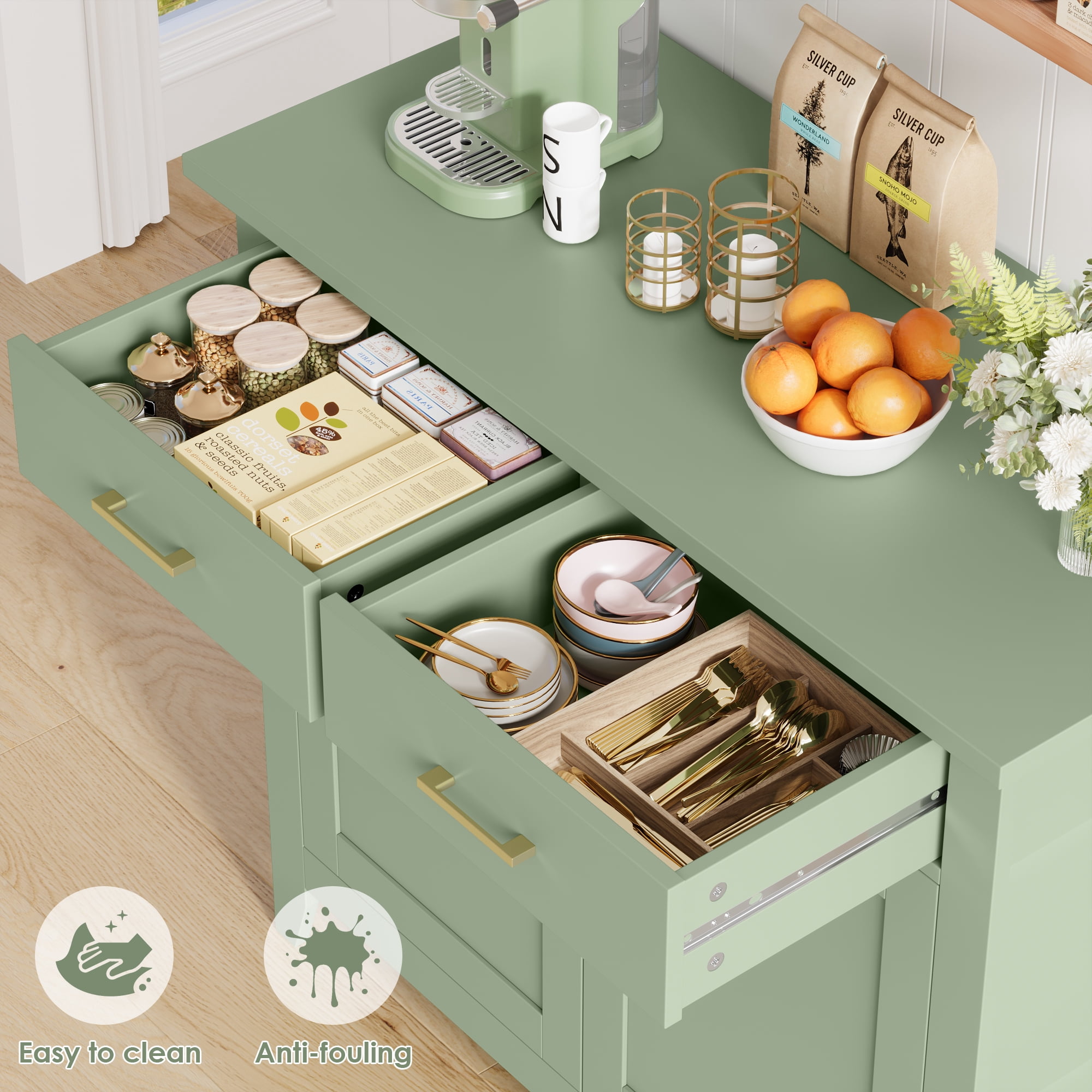 Homfa Kitchen Storage Cabinet, Farmhouse Buffet Sideboard with 2 Drawers and 2 Doors, Entryway Cabinet Coffee Bar for Dining Room Living Room, Green