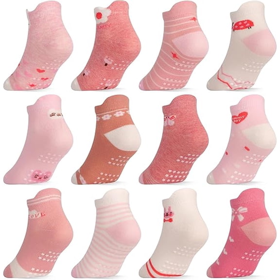 Toddler Girls Socks with Grips Baby Anti Slip Ankle Socks 12 Pairs Kids Cute Cartoon Patterns Sock for 6M-7 Years