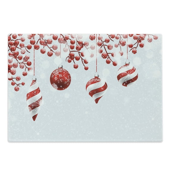 Christmas Cutting Board, Traditional Design Holly Berry Branches Snow and Bokeh Effect Print, Decorative Tempered Glass Cutting and Serving Board, Large Size, Red White, by Ambesonne