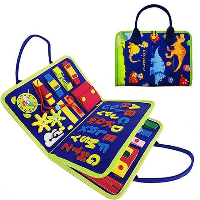 Dinosaur Busy Board Basic Life Skills Learning Early Educational Activity Board for Fine Motor Skills Interactive Sensory Montessori Board Gift for Kids Aged 1+