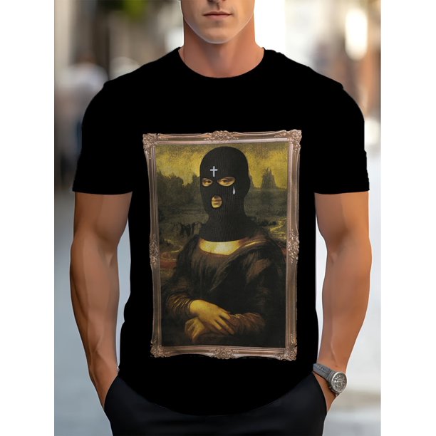 Mona Lisa Picture Frame Graphic T-Shirt, Casual Crew Neck, Polyester Knit Fabric with Slight Stretch, Regular Fit, Abstract Art Design, for Men