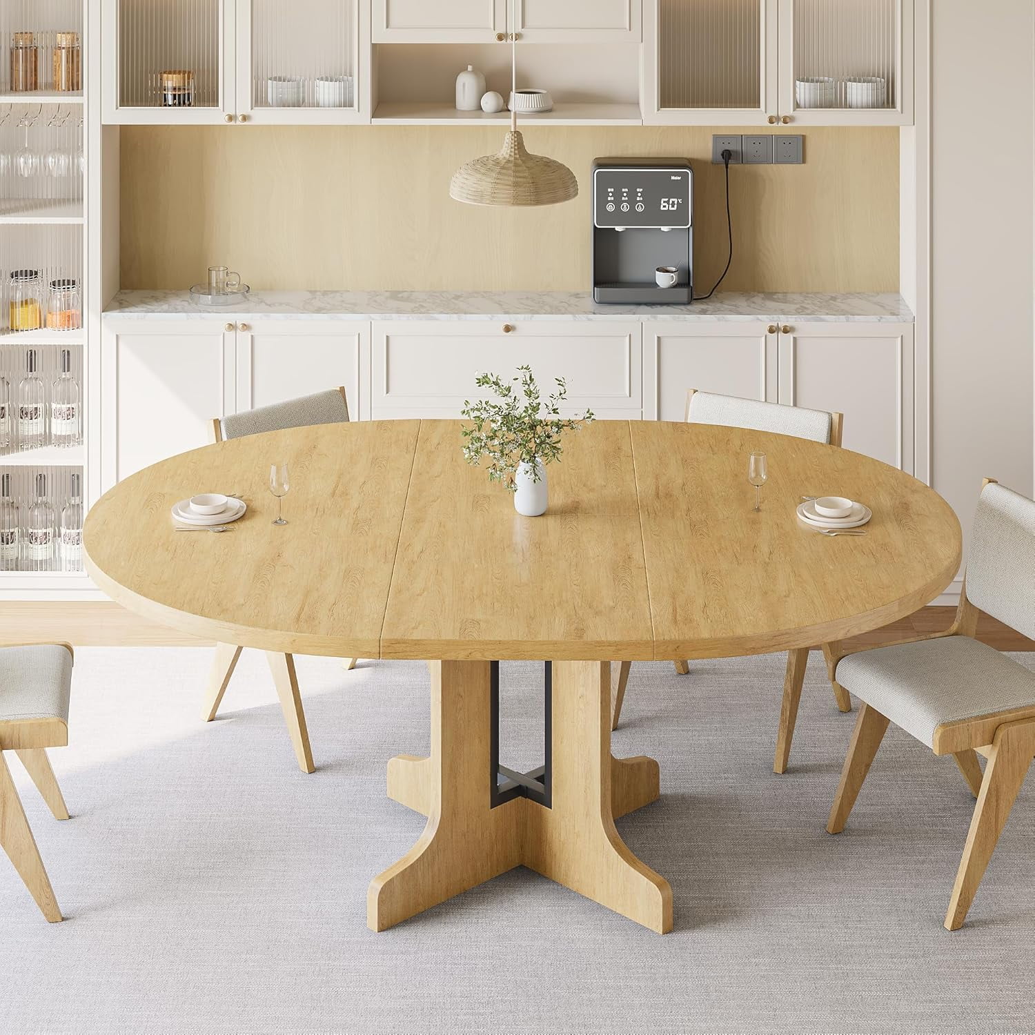 iPormis 59" Round Extendable Dining Room Table for 6, Modern Oval Kitchen Table with Heavy Duty Wood Base, Dinette for Kitchen Living Room,Oak