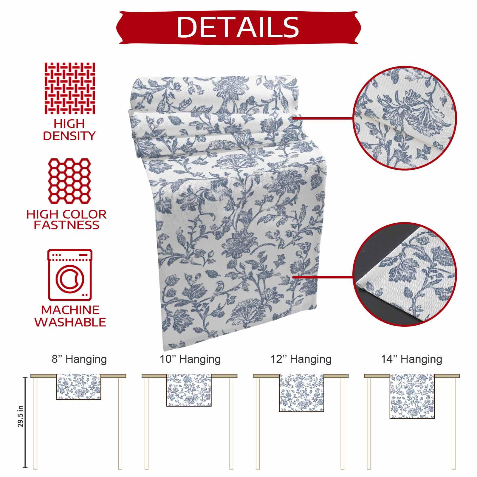 Blue Flower 108 Inch Table Runner, Vintage Farmhouse Boho Leaf Spring Summer Farmhouse Dresser Scarf Cotton & Linen Tablerunner for Dining/Kitchen Island/Holiday Party Décor 13" x 108"