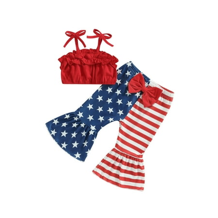 

Thaisu Independence Day Infant Clothes Suits Frills Red Camisoles Bow Straps Sling Tank Tops Stars Stripe Print Flare Pants 2PCS Set