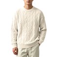 thumbnail image 3 of Leidass Mens Cable Knit Crewneck Sweater Long Sleeve Pullover Ribbed Cuffs Hem Regular Fit Fall Winter Casual Knitwear White 3XL, 3 of 7