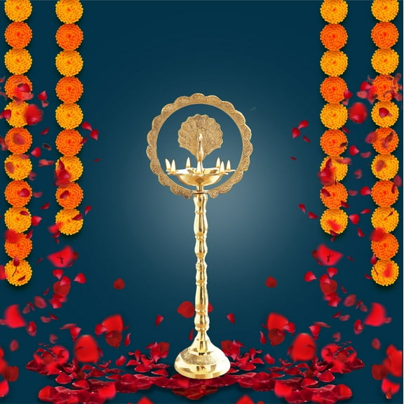 Indian Art Villa 30" Brass Stand Pillar Diya - Kerala Mor Kiran Design - Elegant Spiritual Decor