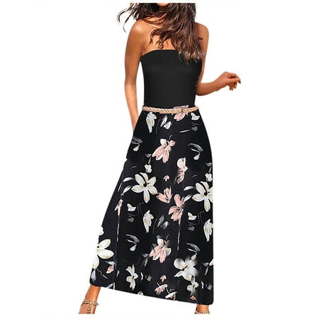 

amousa Women s Bustier One-Piece Collar Sleeveless Strapless Loose Digital Print Dress