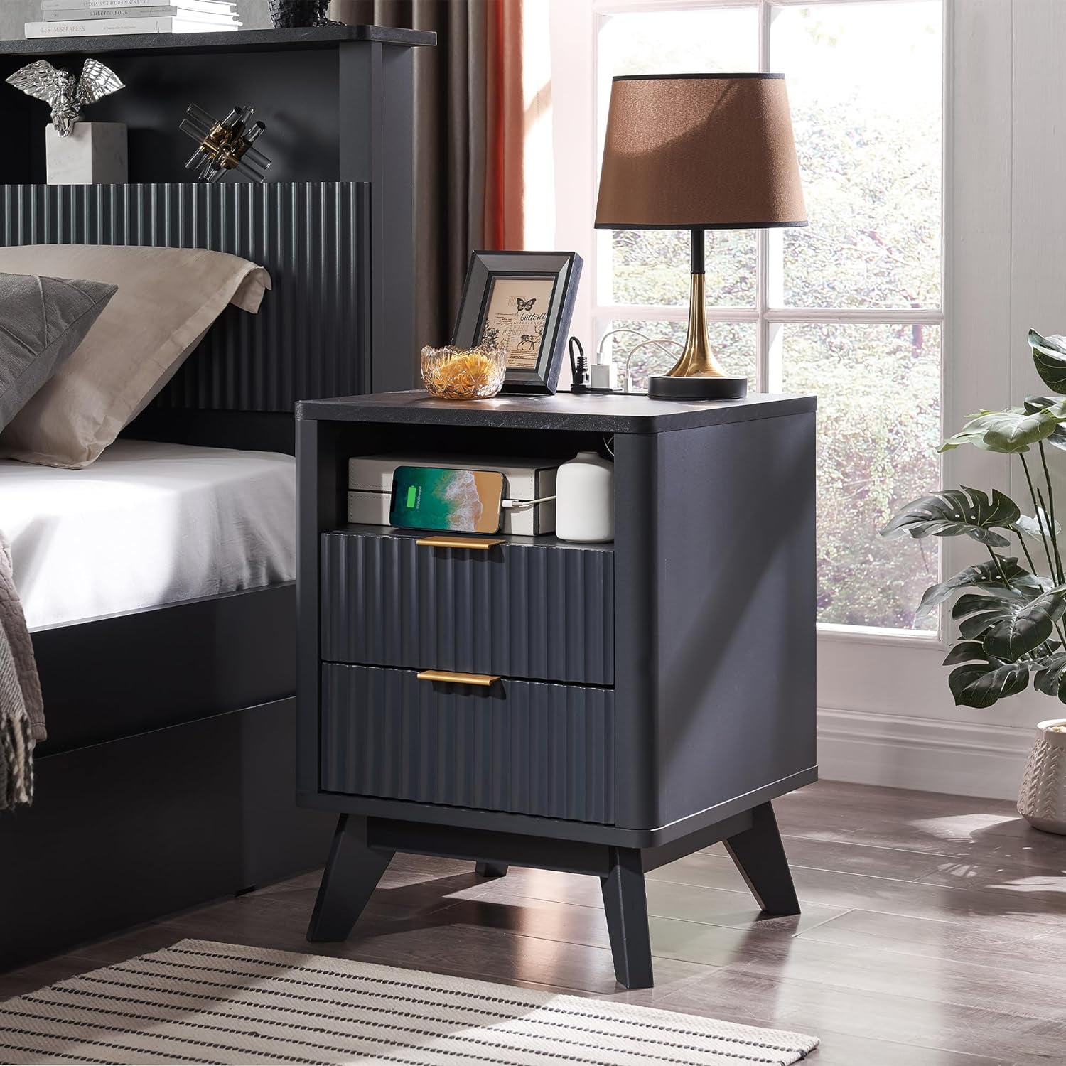 OKD Fluted Nightstand Set of 2 with Charging Station, Modern Side Table with Faux Marble Top, 2 Drawers End Table w/Storage, Bedside Table for Bedroom, Living Room, Dark Grey